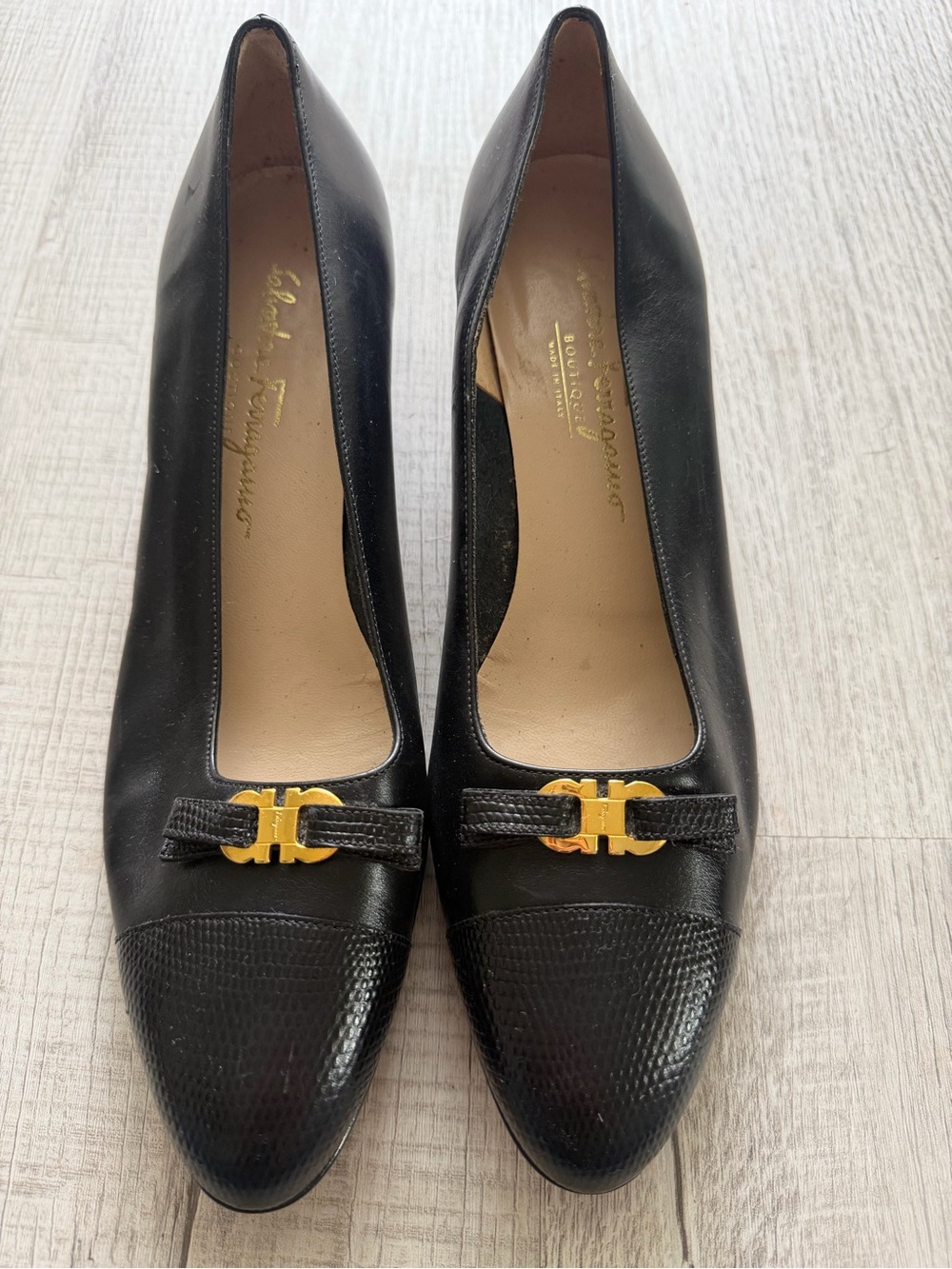 Salvatore Ferragamo Black Leather Pointed Toe Pumps with Gold logo Bow Hardware